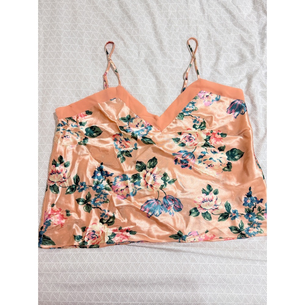 Vintage Y2K Cacique Camisole Women Large Peach Floral Satin V-Neck Lingerie Top